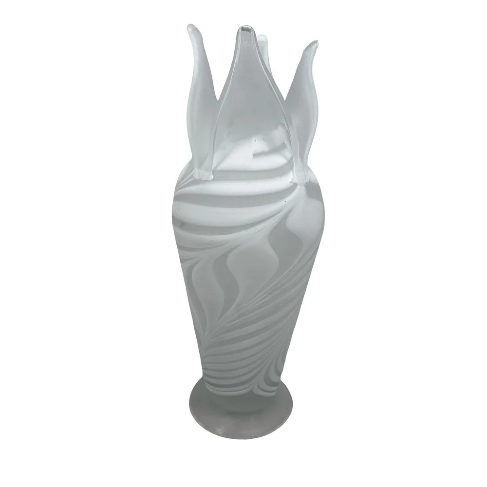 Essie E Zareh White Frosted Art Glass Swirl Vase Baijan Pulled Rim 11